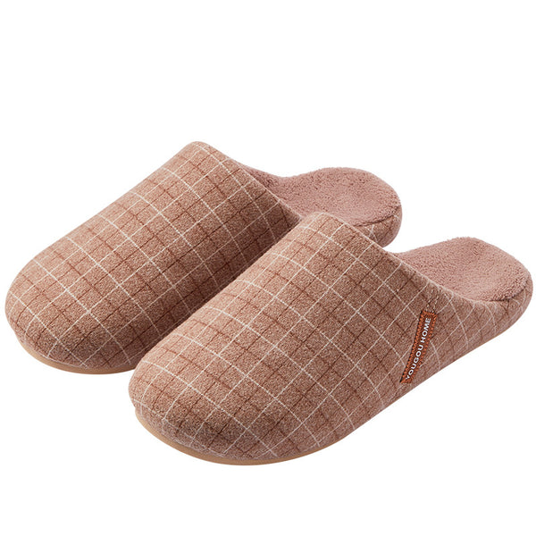 Winter Plush Checkered Cotton Slippers, Men & Women Indoor Home Shoes